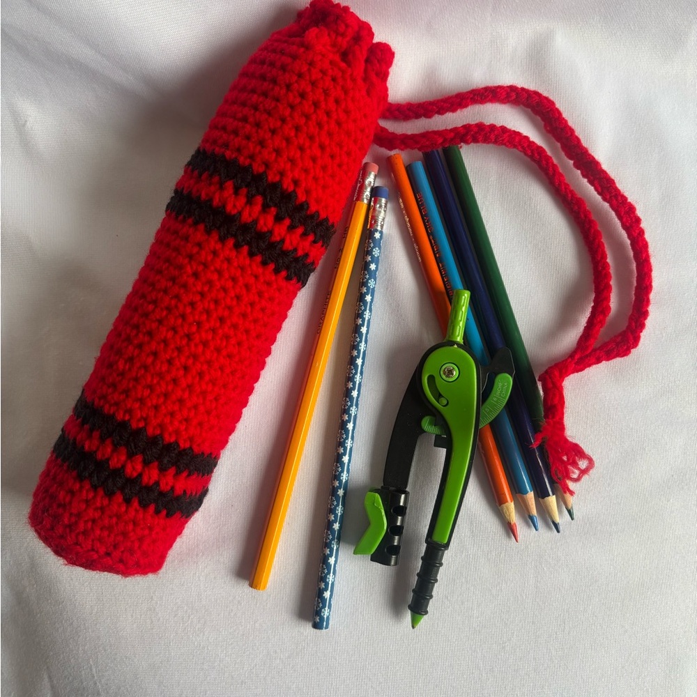 NEW!! Hand crocheted Red Pencil Case; cute crayon design
